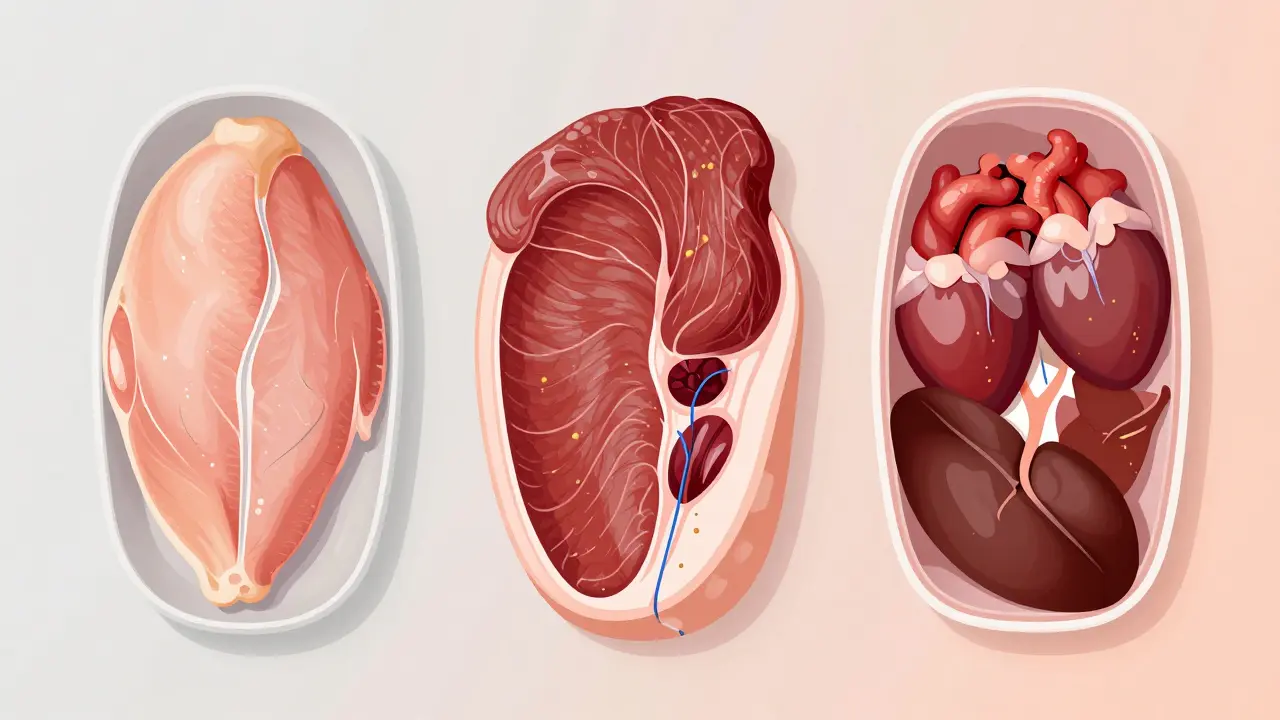 Разные типы мяса для кошек: индейка, говядина и субпродукты