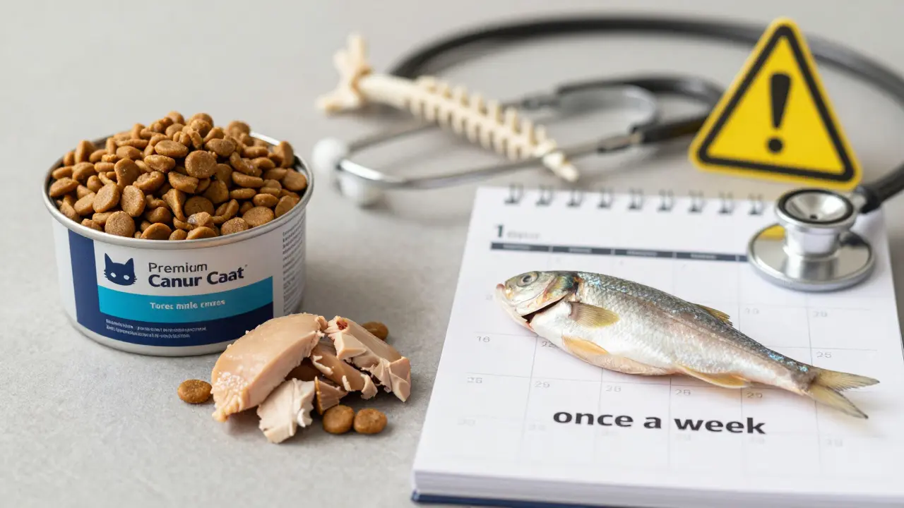 Сбалансированный рацион кошки: корм с курицей и редкая порция рыбы.