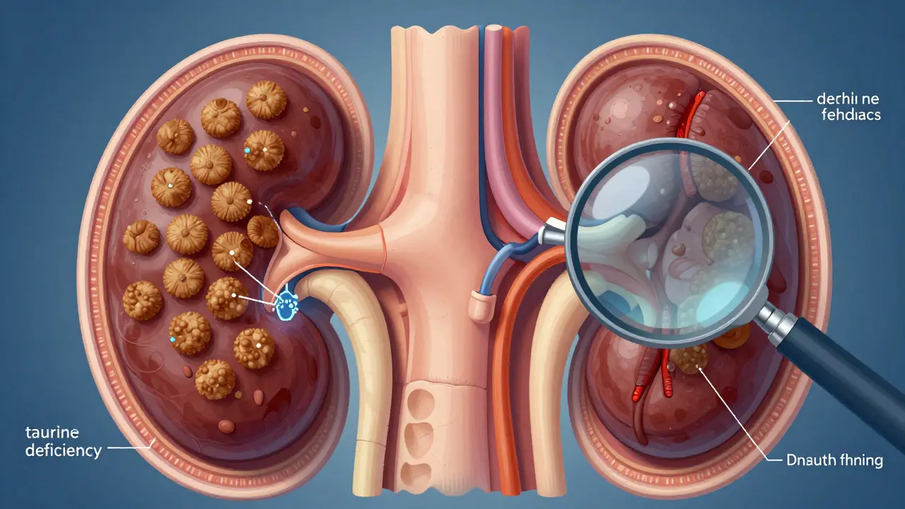 Схема пищеварительной системы кошки с对比 сухого и влажного корма, показывающая кристаллы в почках и дефицит таурина.