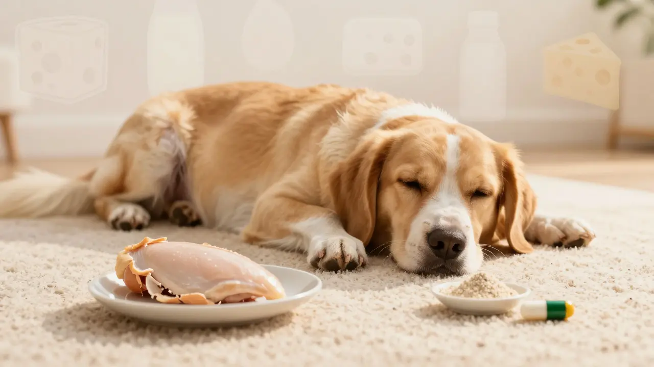 Собака отдыхает рядом с полезными альтернативами молочных продуктов.