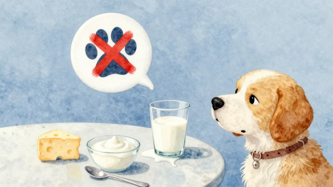 Собака перед выбором между безопасными и опасными молочными продуктами.
