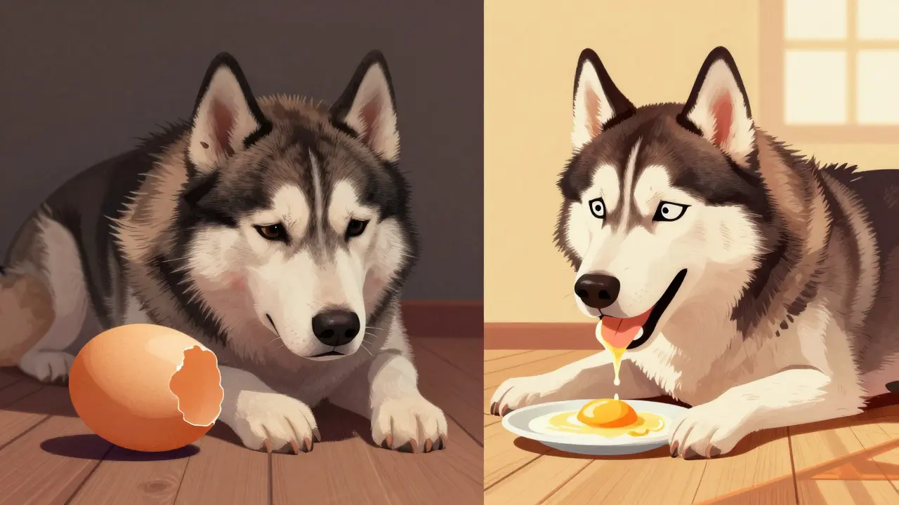 Сравнение собаки с тусклой шерстью (сырое яйцо) и с блестящей шерстью (вареное яйцо).