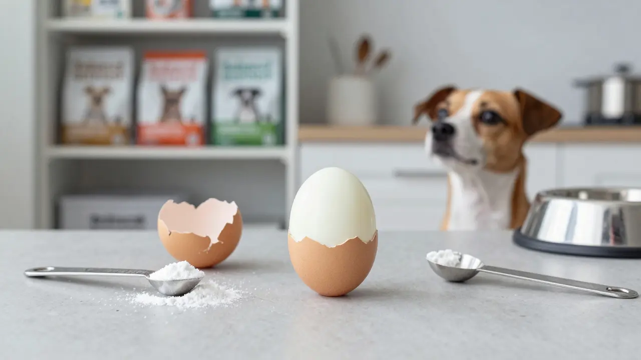 Вареное яйцо и измельченная скорлупа на кухне рядом с миской для собаки и упаковками корма.