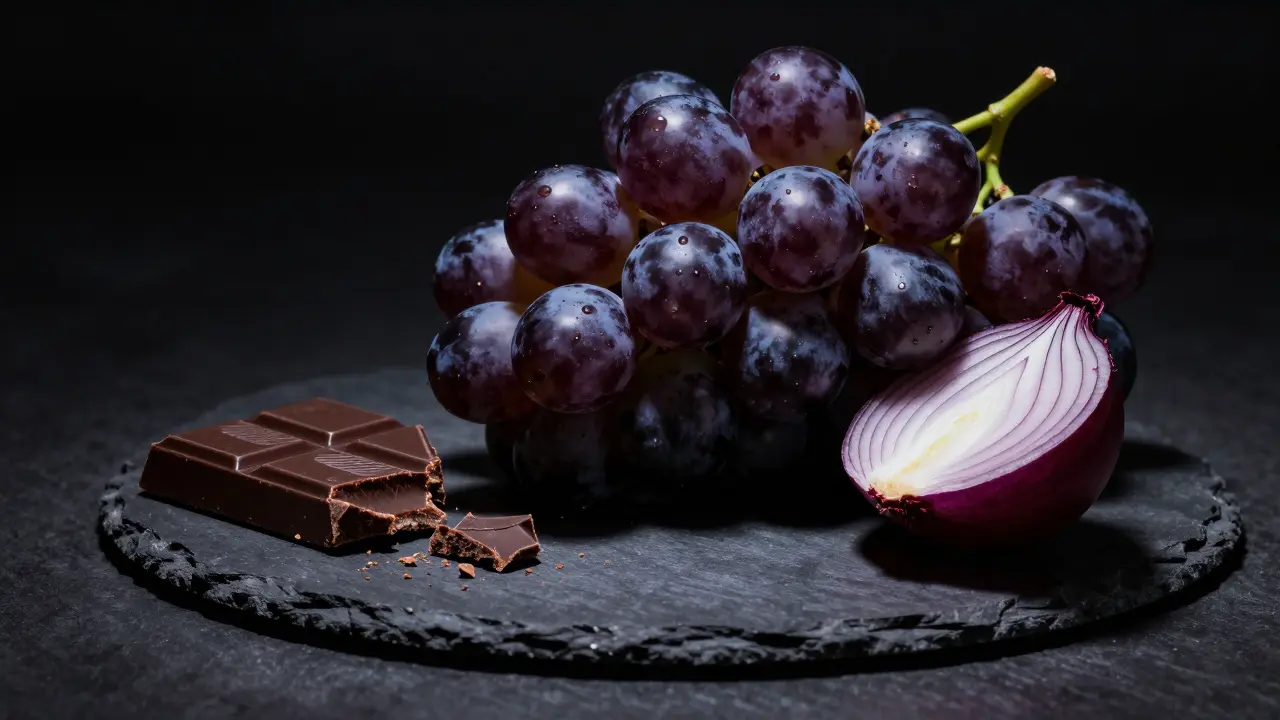 Виноград, шоколад и лук на темном фоне