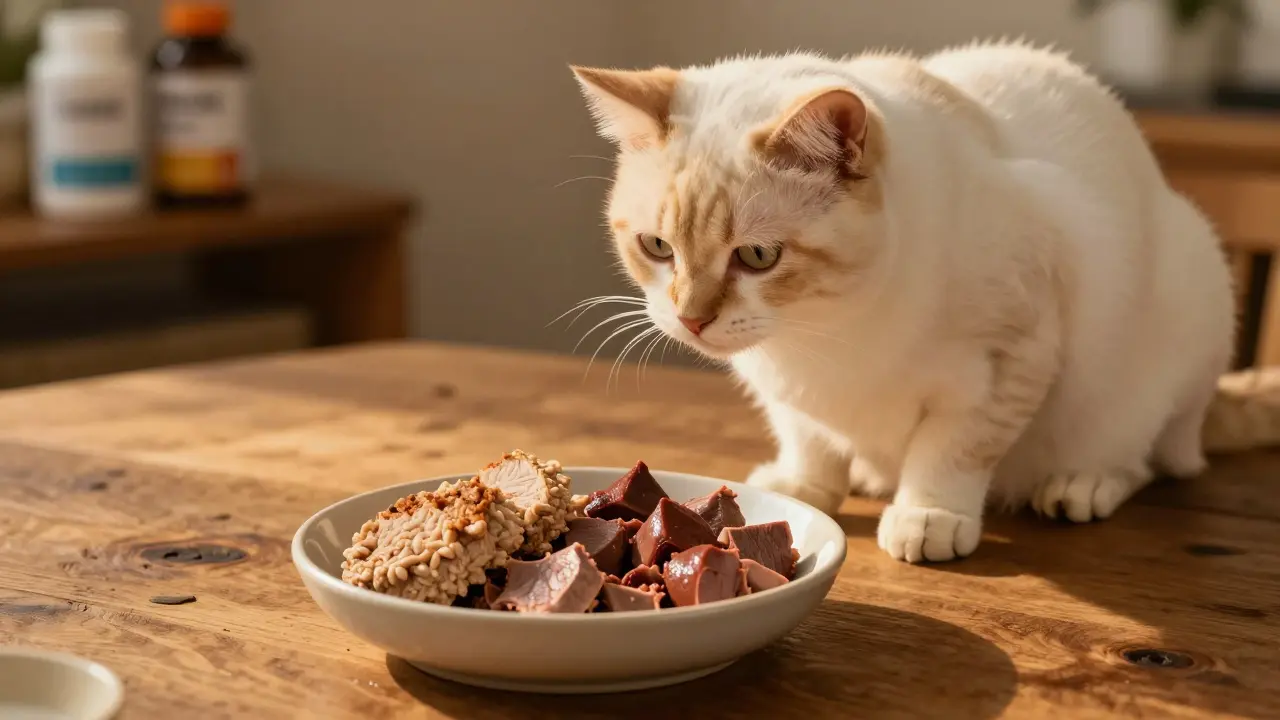 Здоровая кошка ест сбалансированное мясо из миски дома