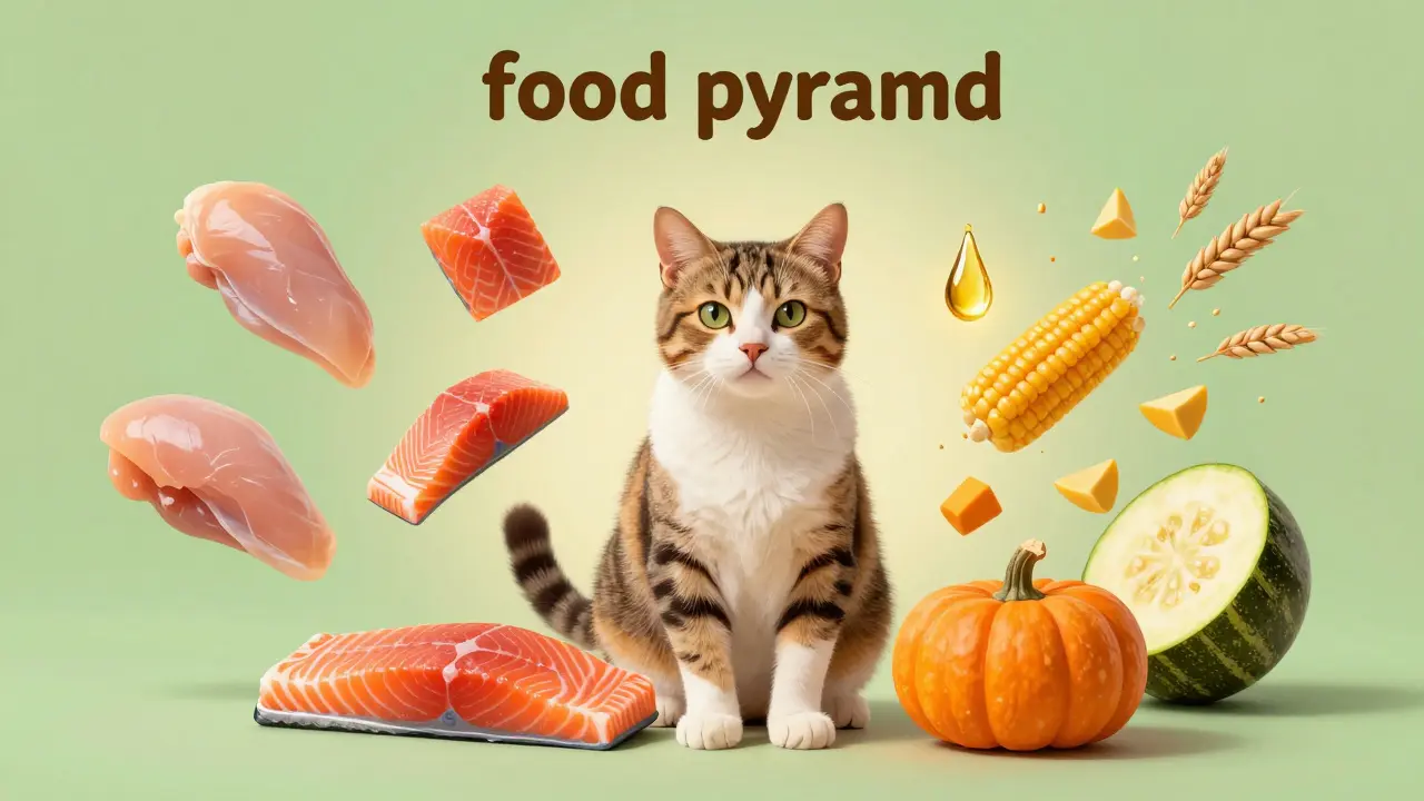 Концептуальное изображение правильных ингредиентов для питания кошек
