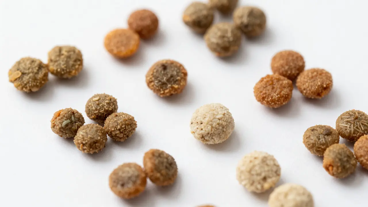 Крупный план различных форм гранул кошачьего корма на белом фоне