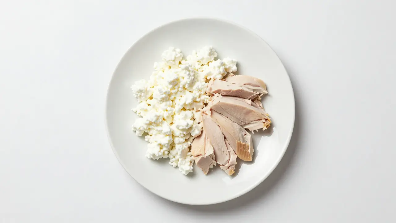 Порция нежирного творога с кусочками отварной индейки на белой тарелке