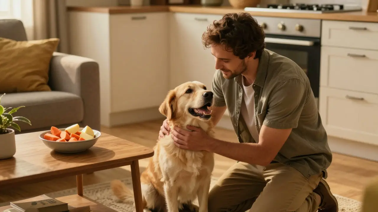 Счастливый пес с хозяином и миской безопасных овощных лакомств