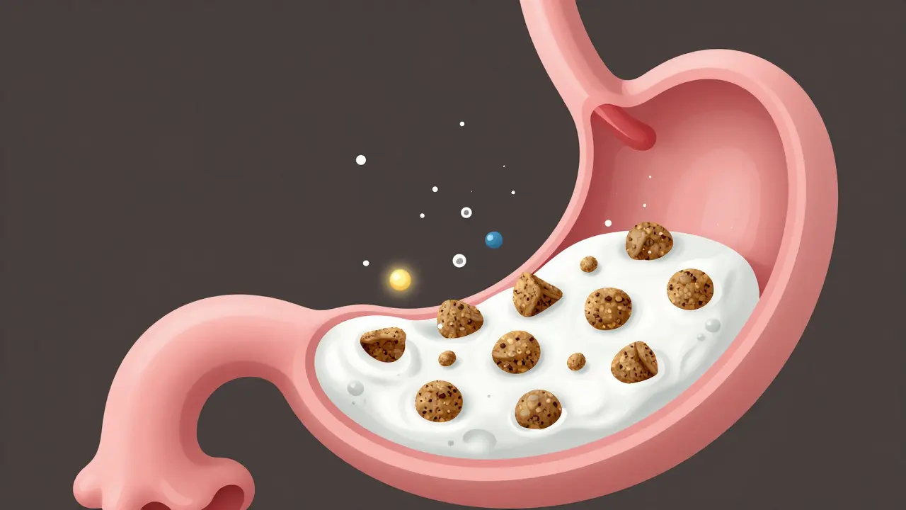 Схематичное изображение процесса переваривания корма с кефиром в желудке кошки
