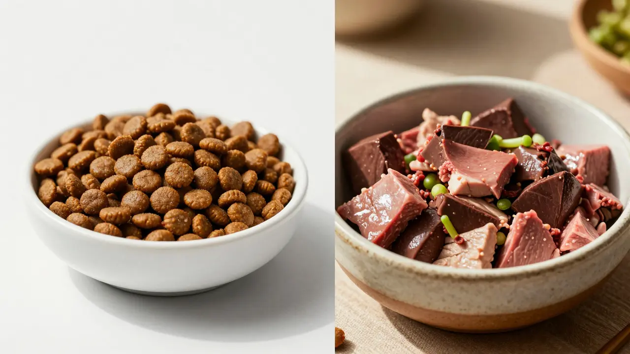 Сравнение миски с сухим кормом и миски с натуральным мясным рационом