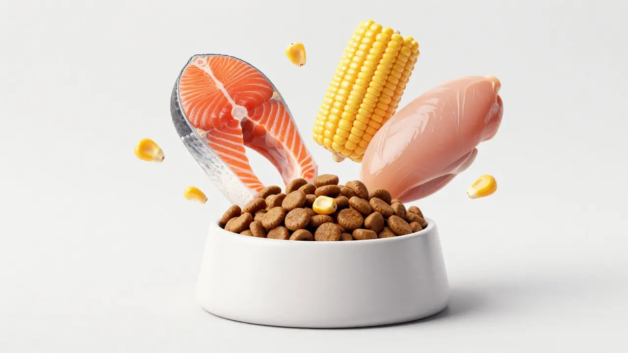 Визуализация состава корма с лососем, курицей и злаками