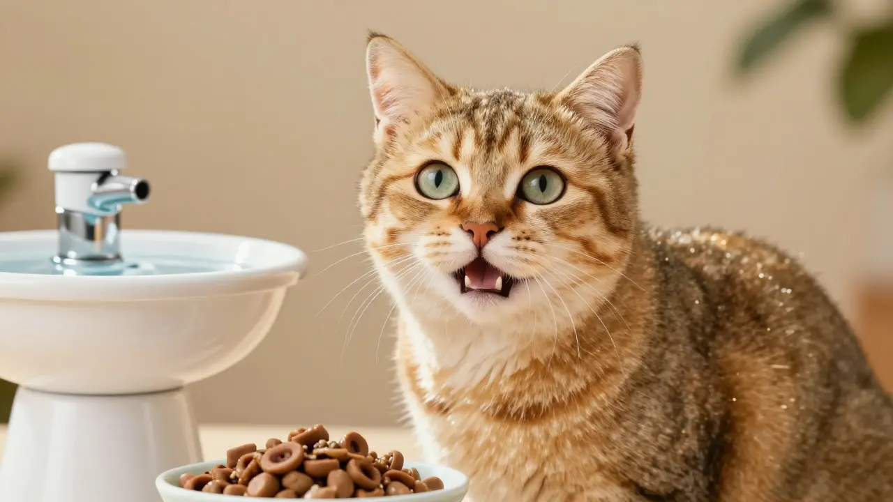 Здоровая кошка с блестящей шерстью рядом с миской еды и водой