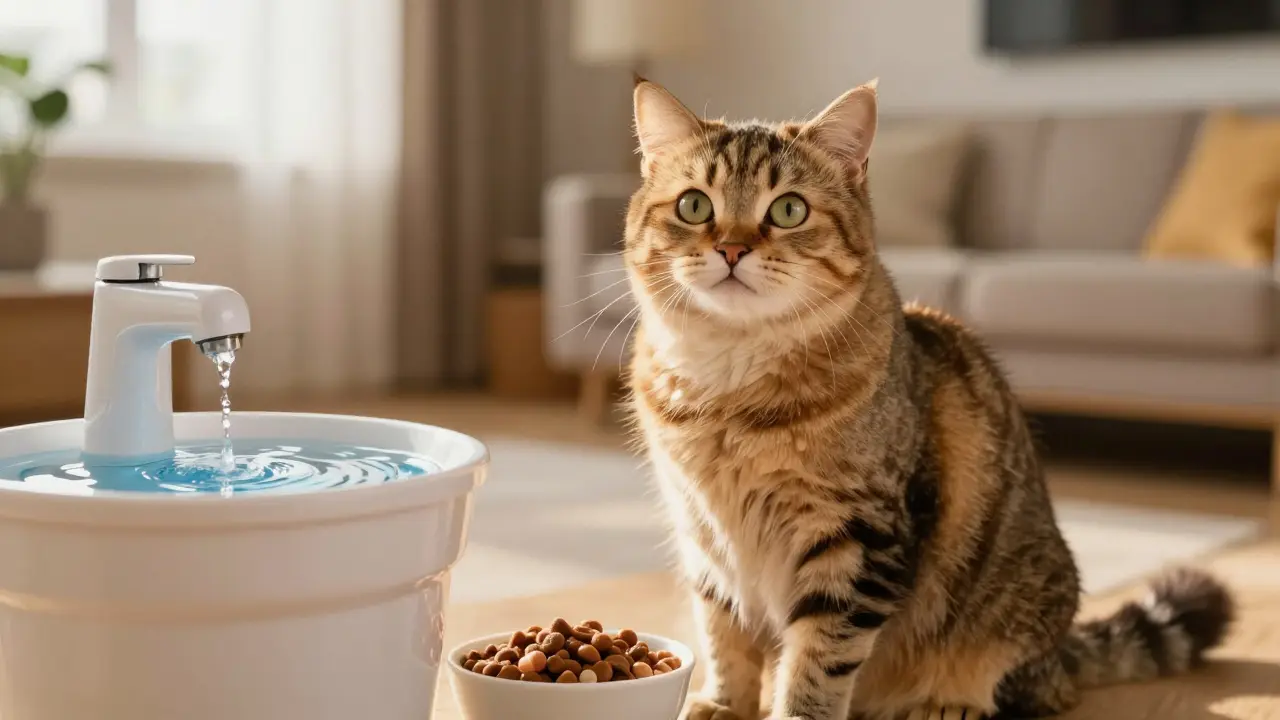 Здоровая кошка с блестящей шерстью рядом с миской и фонтаном воды