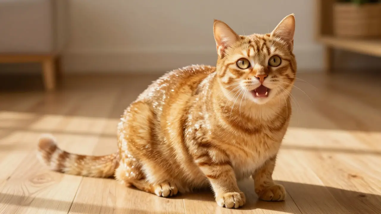 Здоровая кошка с блестящей шерстью в солнечном интерьере