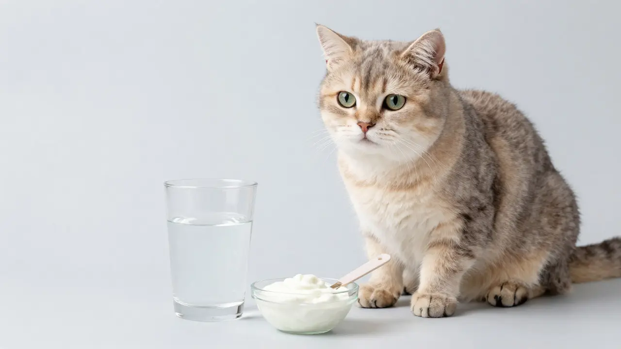 Здоровый кот рядом со стаканом воды и порцией кефира