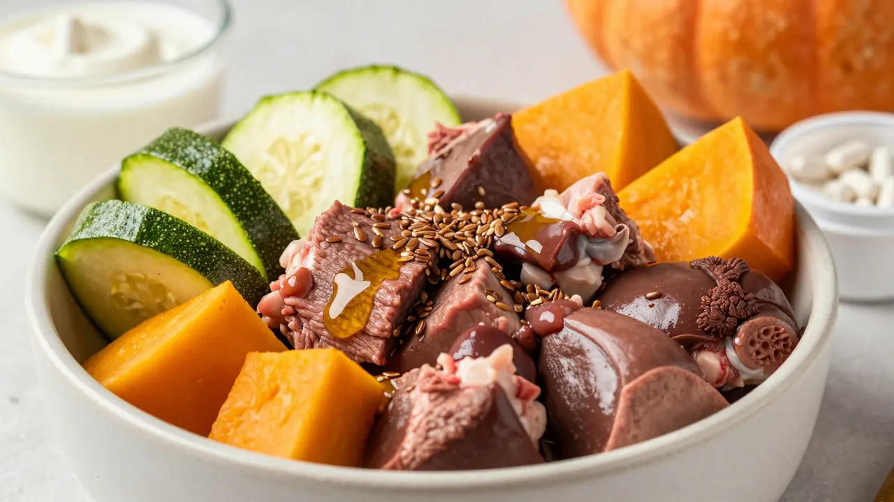 Миска со свежим мясом, овощами и добавками для сбалансированного рациона
