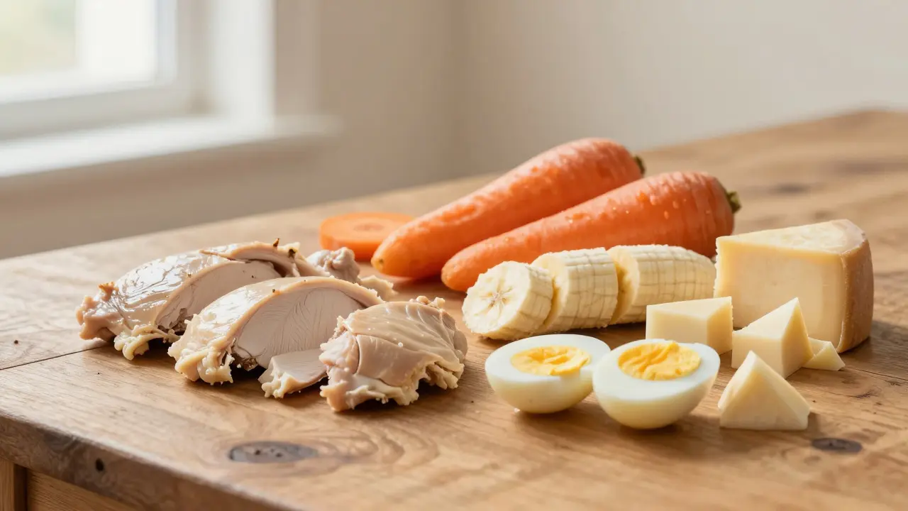 Набор полезных продуктов для собак на деревянном столе