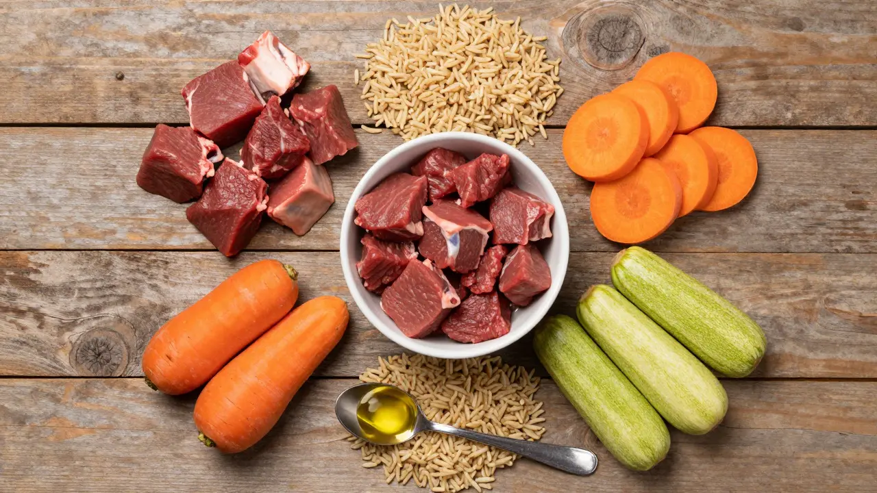 Раскладка ингредиентов для собачьего рациона: мясо, рис и овощи