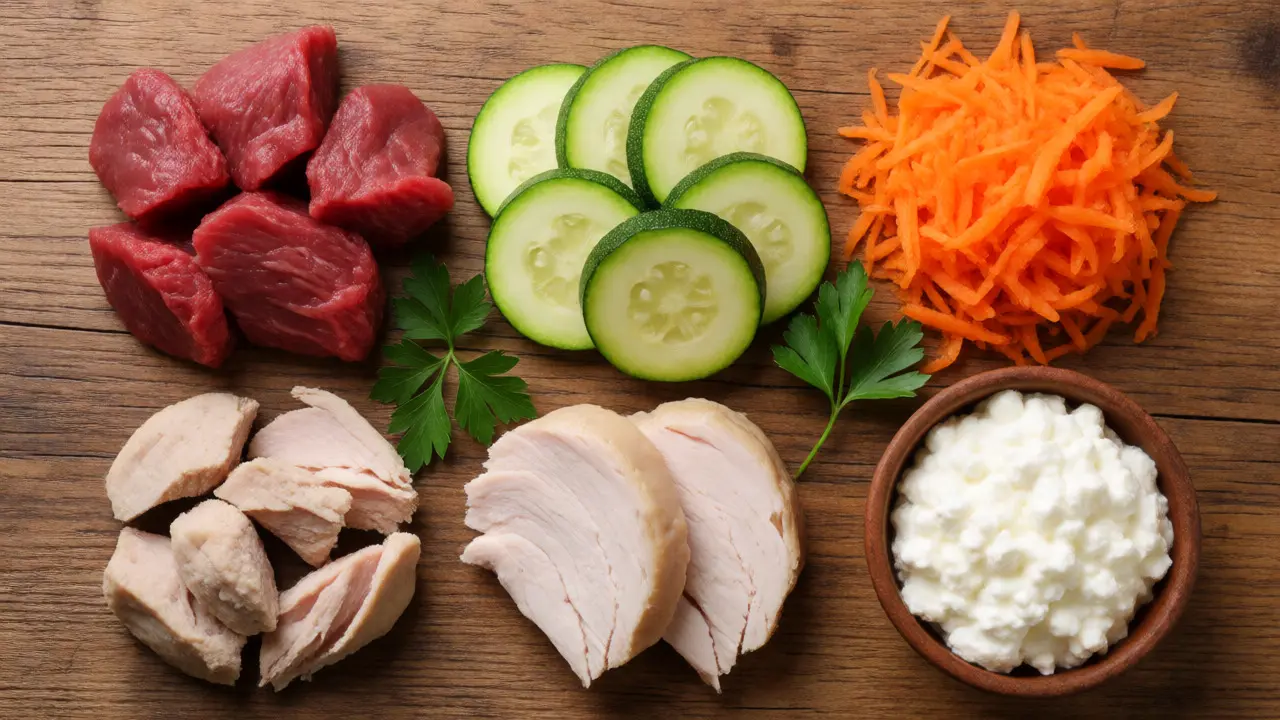 Разложенные продукты для натурального рациона кошки: мясо и овощи