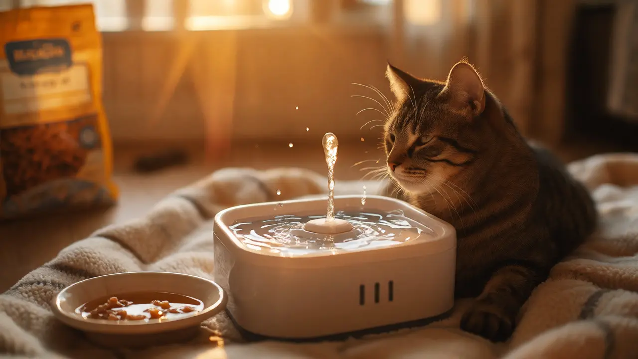 Пожилая кошка рядом с фонтанчиком для воды и влажным кормом